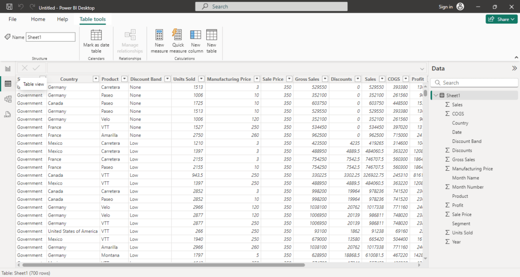 Power BI Desktop Interface Overview 24 Power BI Desktop The Left Side Views Table view