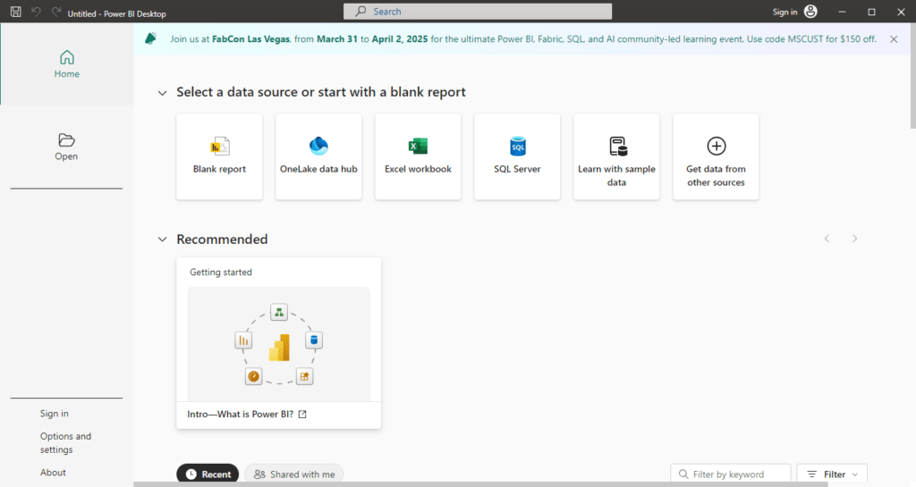 Power BI Desktop Interface Overview 1 Power bi Desktop Interface open