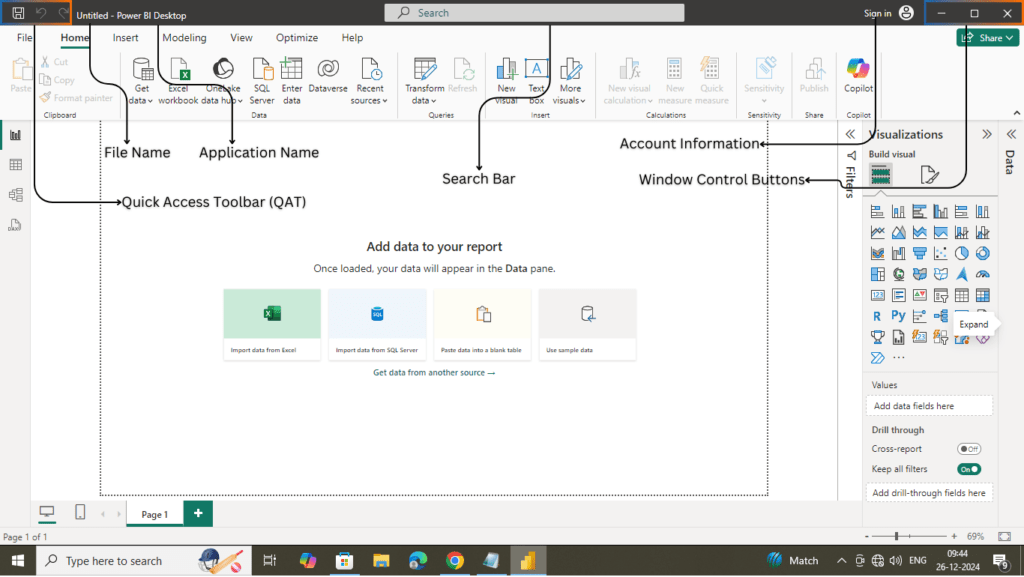 Power BI Desktop Interface Overview 3 Power bi Desktop Interface open Title Bar and Quick Access Toolbar 1